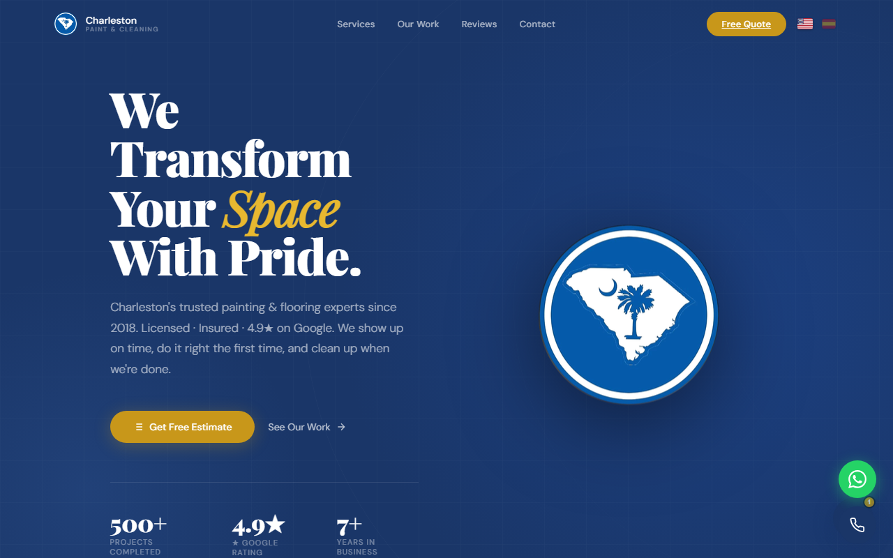 Página de inicio de Charleston Paint & Cleaning con el titular «We Transform Your Space With Pride» y botón de presupuesto gratuito.